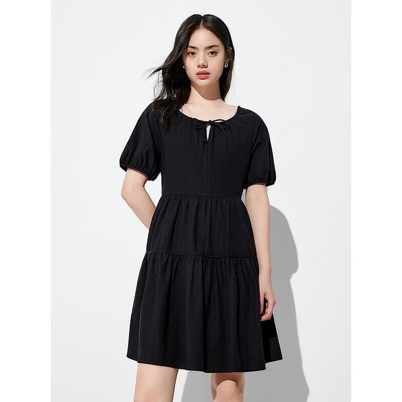 

PEACEBIRD Women s Short Sleeve Round Neck Waist-Cinching Mini Dress M