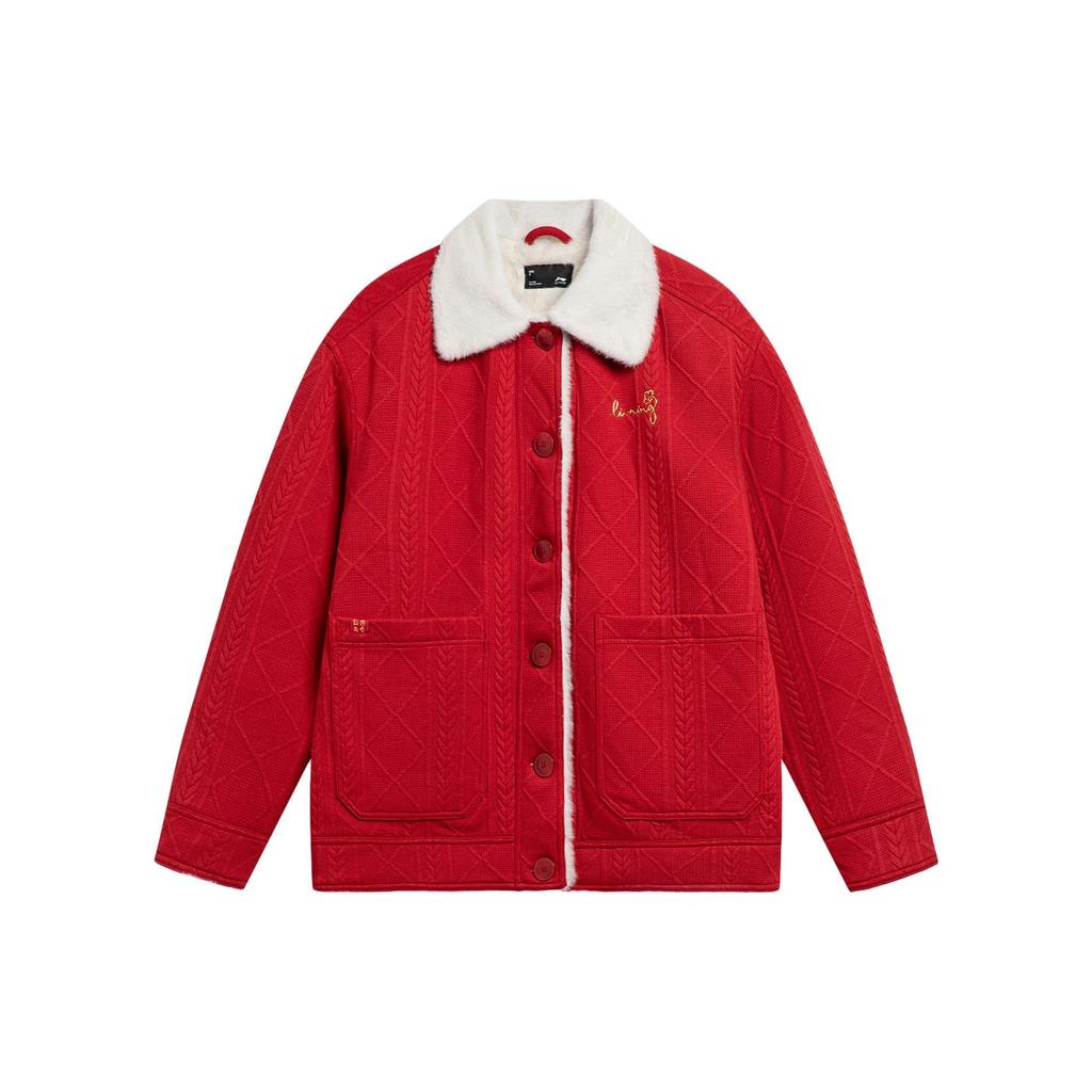 Li Ning Daily Prosperity Series Color Block Fleece Warm Jacket Women Jacket Samba-Red AFDU042-1