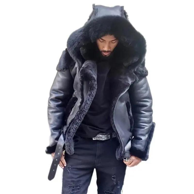 Men's Autumn and Winter Long Sleeve Hooded Zip Leather Motorcycle Jacket