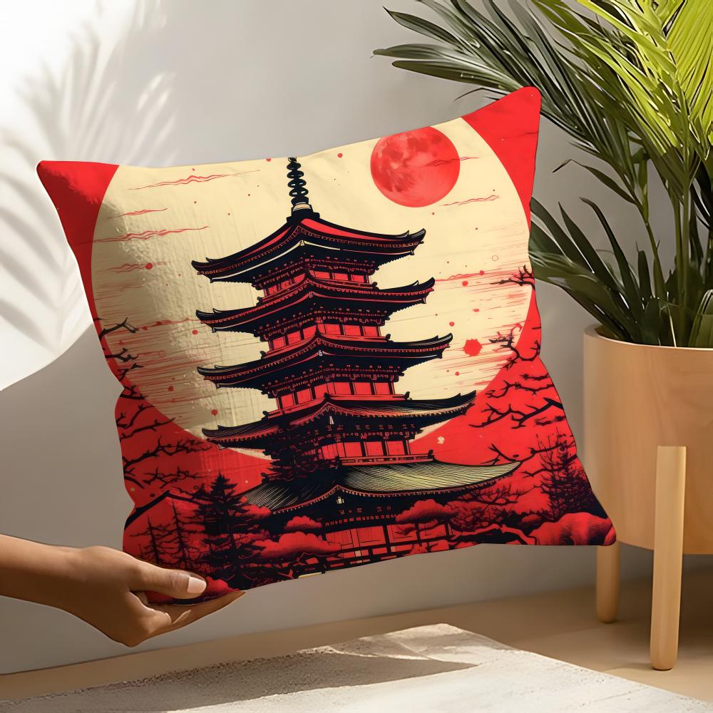 Retro Japanese Pagoda Landscape 1 Pillow Case Linen Cushion Covers For Decorative Sofa Home Pillows Case Car Chair Pillows Cases
