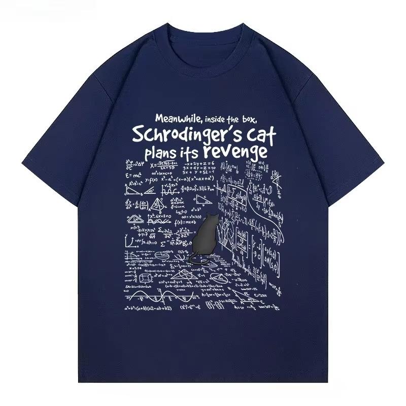 2025 Herbst Winter Neu Trendiges Schrödingers Katze Lustiger Print T-Shirt Baumwolle Locker Kurzärmelig Damen und Herren Modisches Oberteil