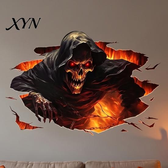 Decorative PVC Wall Art for Living Room Halloween 3D Decal, Breakout Illusion Sticker with Skull Ghost, Spooky Ghost Decor Party, Peel And Stick