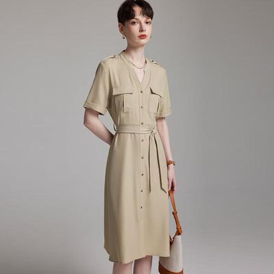 Women's V-Neck Short Sleeve Tie-Waist Midi Shirt Dress