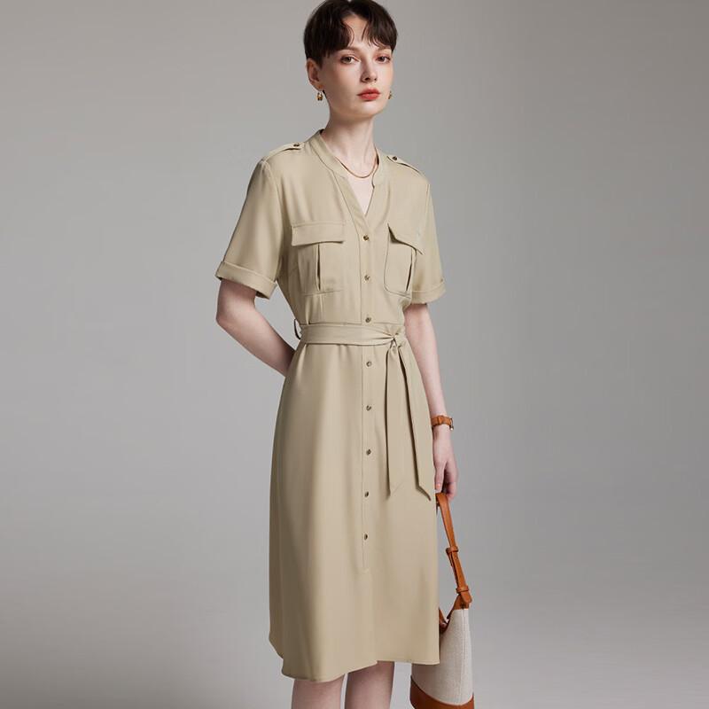 Women s V-Neck Short Sleeve Tie-Waist Midi Shirt Dress M