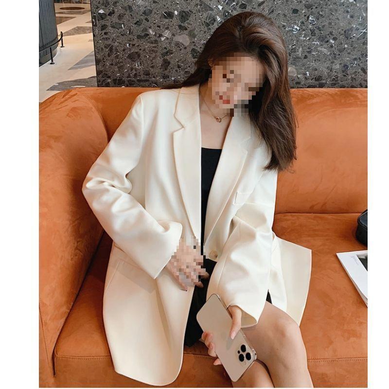 Beige Double-Breasted Loose Fit Blazer for Women - Korean Style Spring/Autumn
