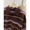 Stylish Retro Olo Lapel Collar Pullover Contrasting Color Striped Knitted Sweater Women's Autumn and Winter New Casual Lazy Style Top