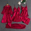 Sexy Women's 5 Piece Pajama Set Smooth Ice Silk Long Sleeve Bathrobe Robe Set Plus Size Loungewear Sleepwear