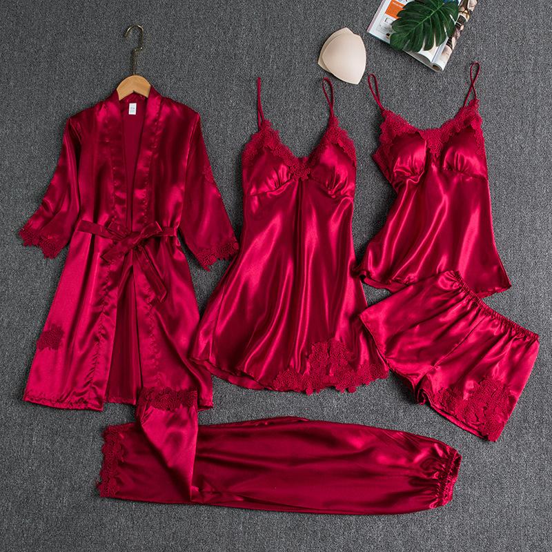 Set Pigiama Sexy da Donna 5 Pezzi Morbido Seta Ghiacciata Manica Lunga Accappatoio Set Accappatoio Taglie Forti Loungewear Pigiami