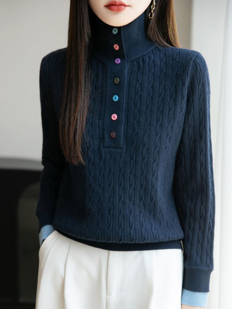 A High-end Retro Twisted Knit Sweater for Women's Autumn and Winter A New Double-collar and Half-open Neck Sweater