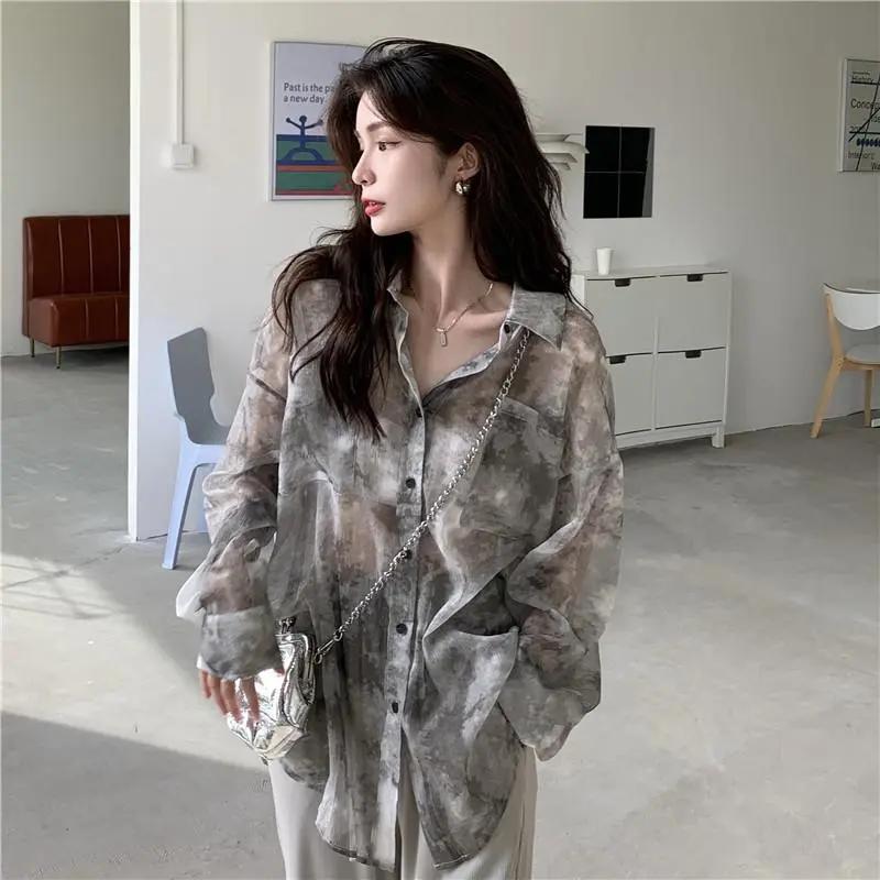 Women's Summer Breathable Loose-Fit Sun Protection Vintage Tie-Dye Shirt Elegant Slim-Fit Casual Korean-Style Minimalist Top