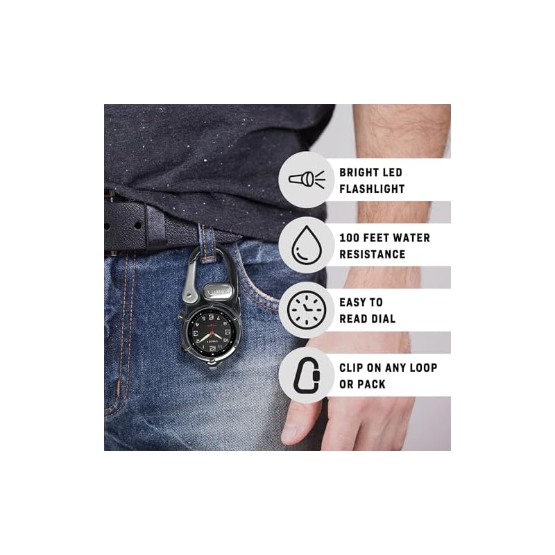Dakota Pocket Watch with Carabiner, Waterproof, LED Light, for Outdoor Activities, Camping, Hiking, and Travel