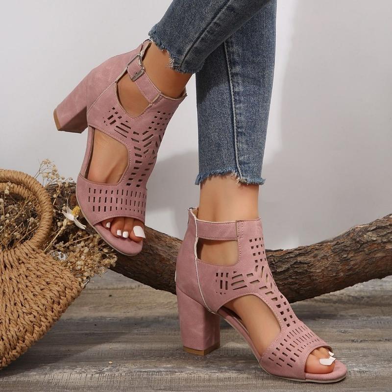 Fashion Women Fashion Strap Sexy High Heel Sandals Woman Roman Hollow Pumps Lace-up Peep Toe Sandals Casual Chunky High-heeled Sandals
