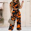Women Plus Size Printed Grey Round Neck Short Sleeve Crop Top Wide Leg Pants Two Piece Set