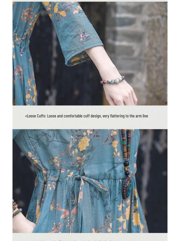 2026 Summer Retro Print Cotton & Linen Long Dress for Women