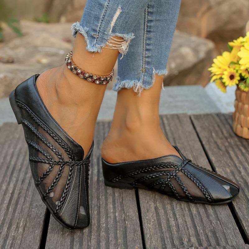 Inner Heightened Mesh Hollow-out Stitched Leather Wrapped Half Slippers Women's New Summer Square Toe Mid-heel Cool Mop