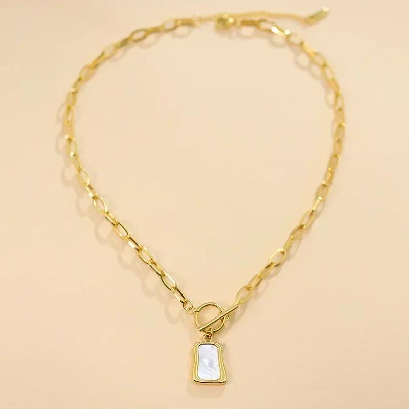 Geometric Trapezoidal Simulation Pearl Oyster Pendant Necklace for Women OT Buckle Chain Jewelry Gifts