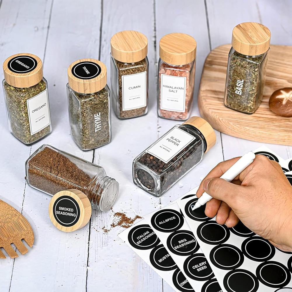 12 Piece Glass Spice Jars 4 Oz Glass Jars with Bamboo Lids Simple Farmhouse Spice Labels and Stickers, Collapsible Funnel