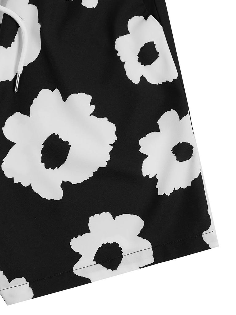Men's Floral Graphic Print Drawstring Shorts, Summer Casual Shorts with Pockets, Beach Hawaiian Shorts