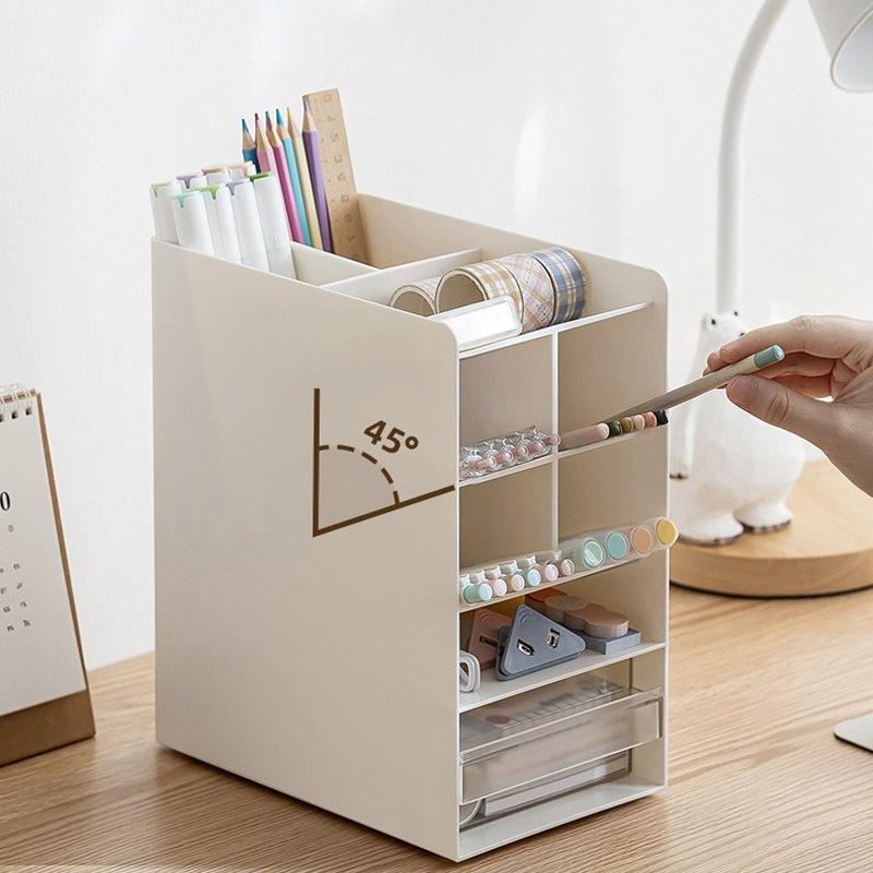 Inclined Pen Holder, Desktop Storage Artifact, Office, Student Desk, Three-in-one Grid Design, Stationery Storage Box