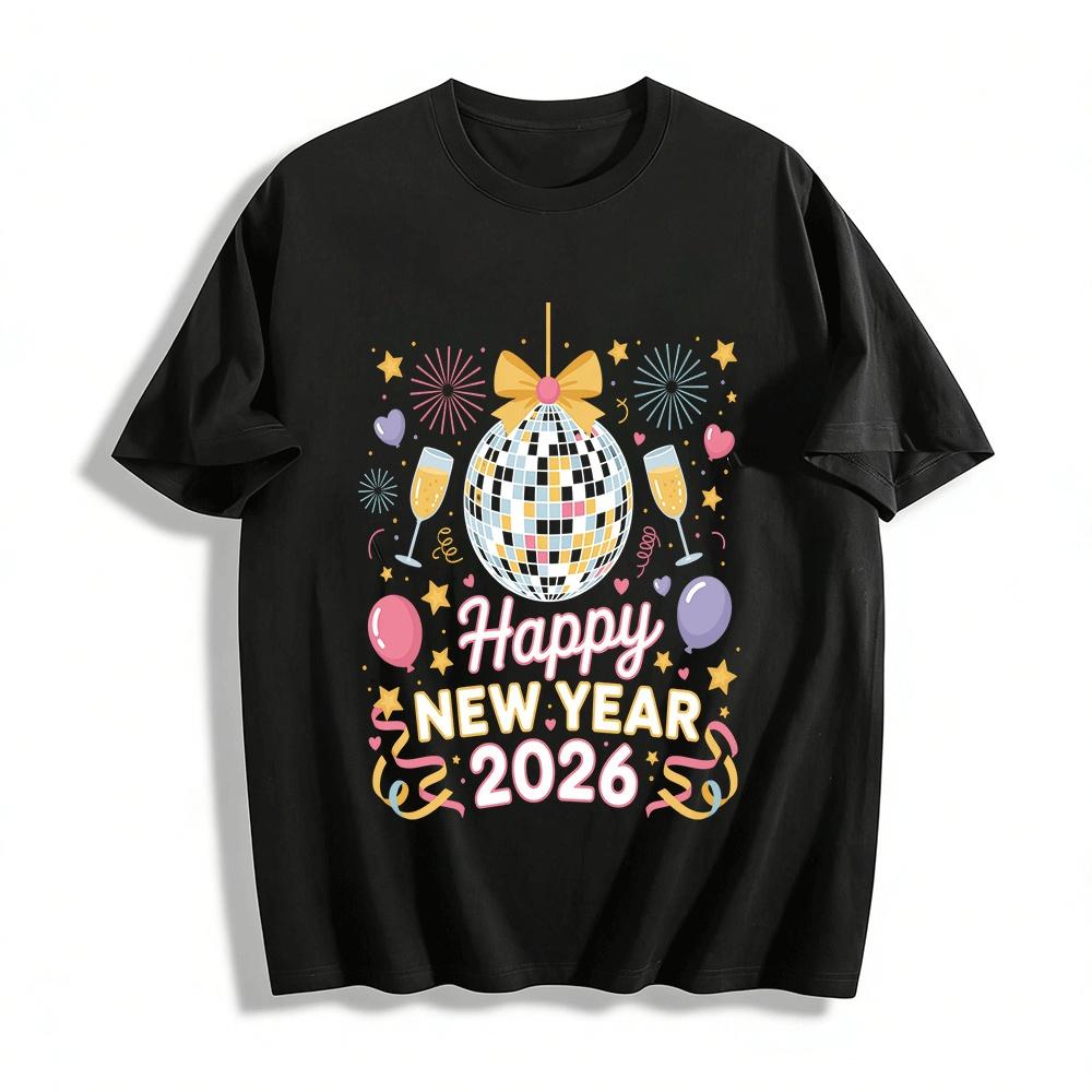 Happy New Year 2026 Disco Ball Print Party Casual Tee Pure cotton T-shirt XXS