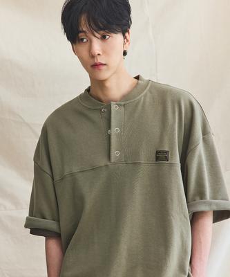 RUGGED HOUSE Soft Cotton Dot Henley Neck Khaki