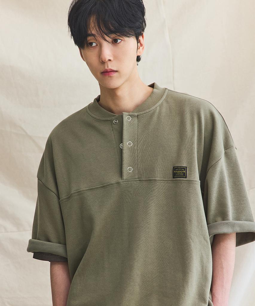 RUGGED HOUSE Soft Cotton Dot Henley Neck Khaki