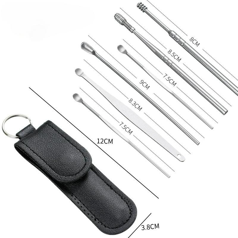 6Pcs Ear Digging Spoon Set Long Head Spiral Spring Ear Spoon Easy Clean Stainless Steel Portable Ear Care Cleaning Tools Set