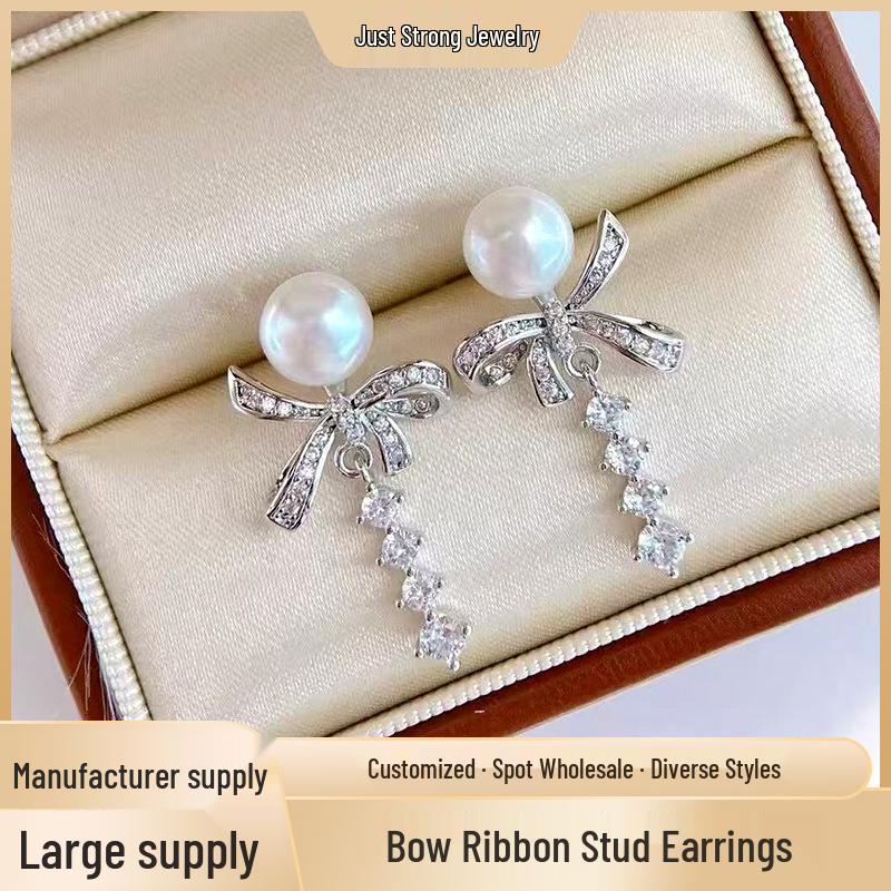 2025 Bow Ribbon Stud Earrings with Freshwater Pearls, Fairy Style
