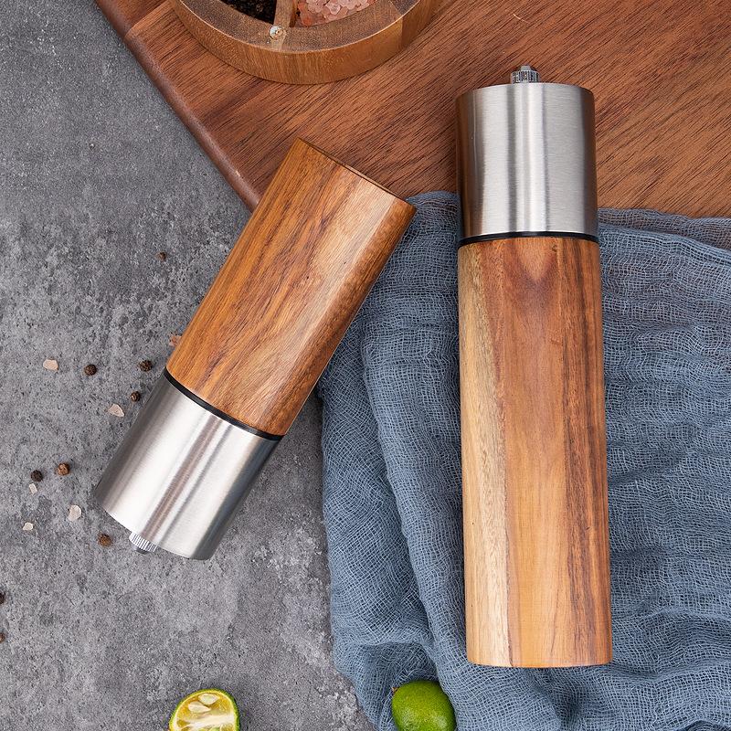 Cylindrická láhev z akácie s nerezovým víčkem, nastavitelným keramickým jádrem, domácí ruční mlýnek, Kuchyňské náčiní