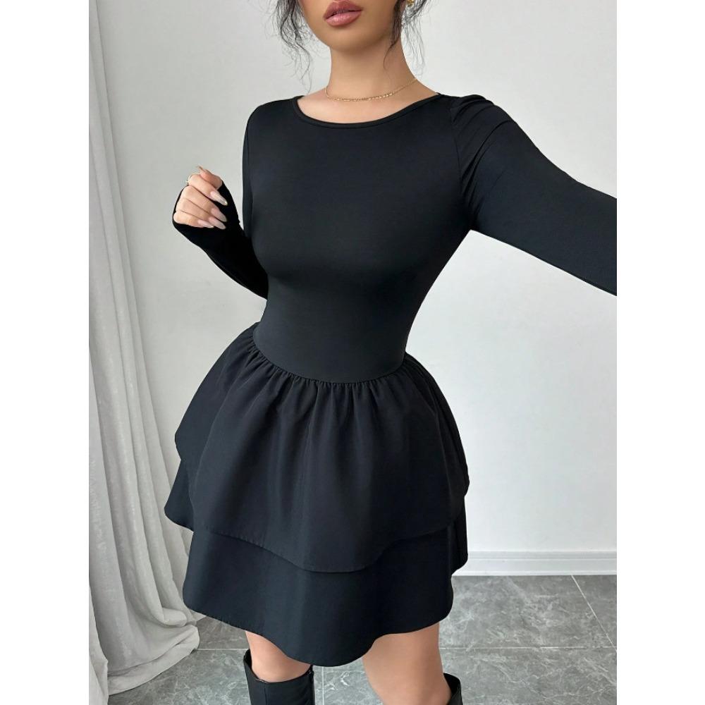 Vår høst avslappet slank svart elastisitet volang puffkjoler elegant A-linje O-hals langermet ensfarget fest minikjole dame