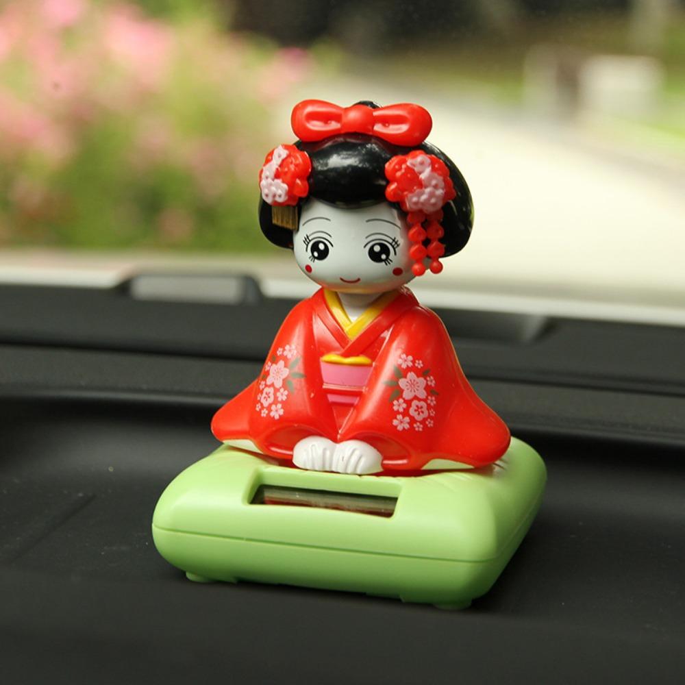 New Solar Powered Japanese-Style Doll Car Ornament Kimono Girl Shaking Head Nod Head Cartoon Doll Dashboard Cute Car Accessories
