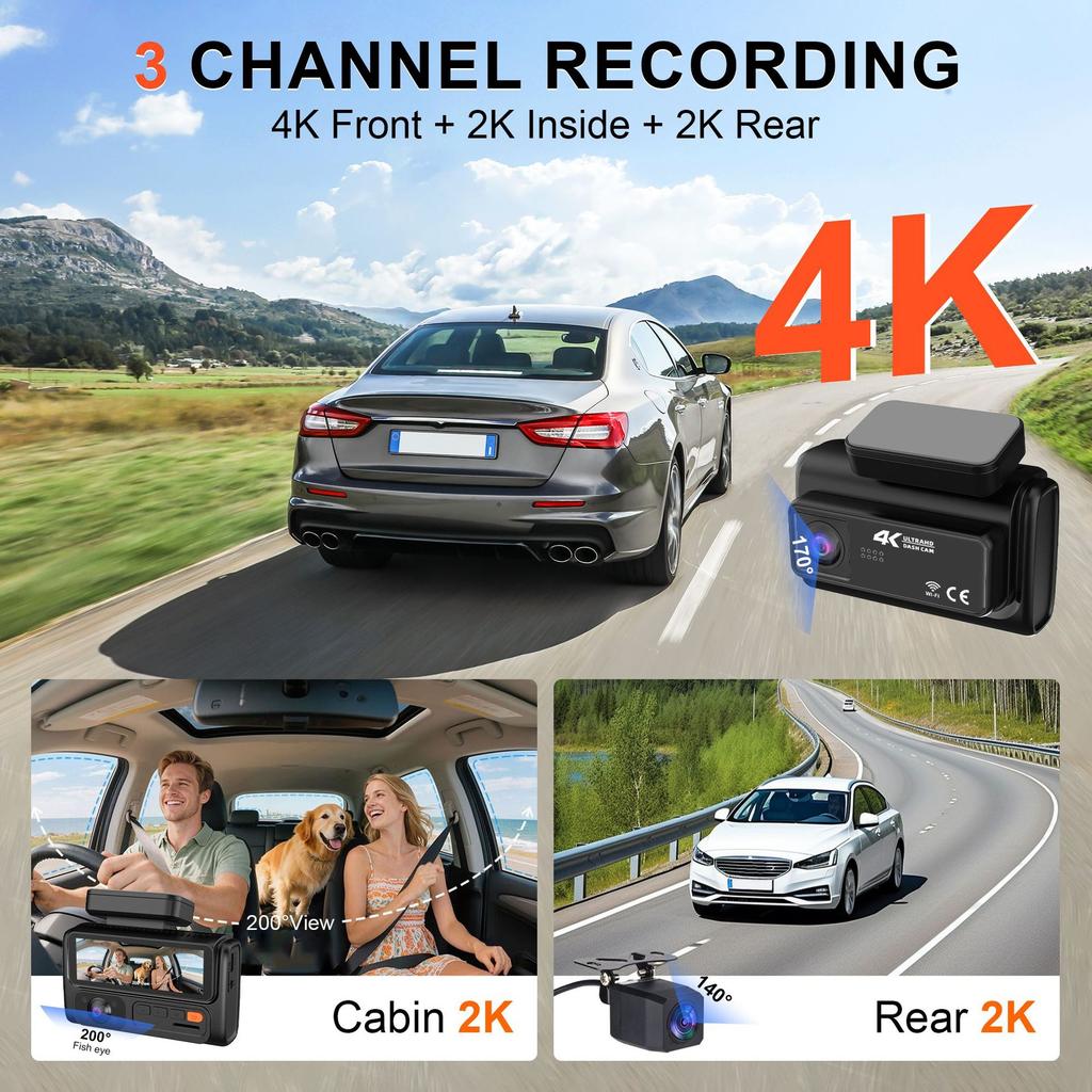 4K 2/3-Lens Dash Cam, WiFi, Night Vision, Phone Sync, 24-Hour Parking Monitor