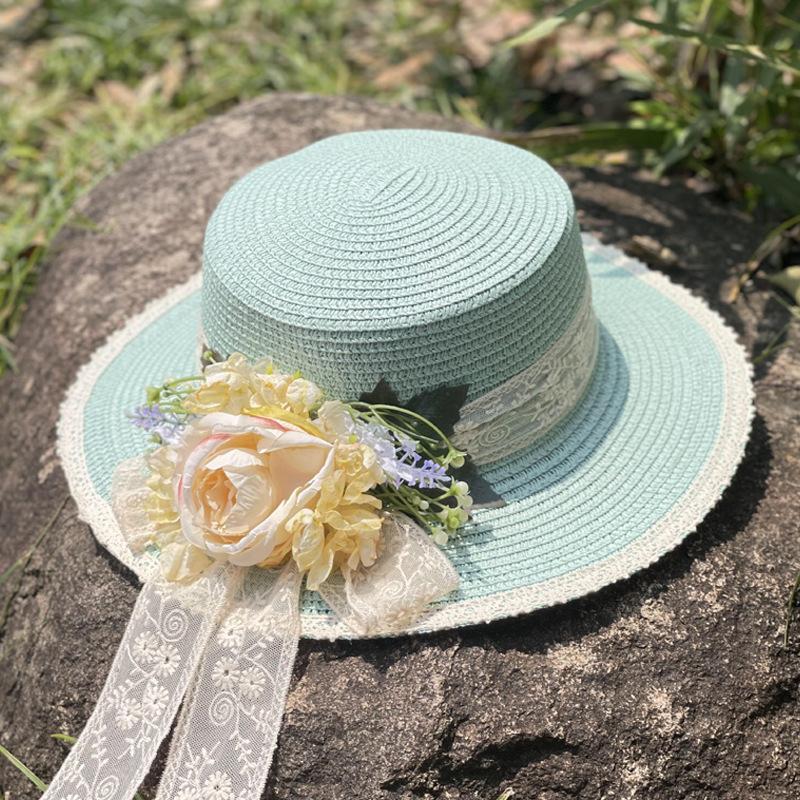 Lace flower flat top straw hat women's new summer outdoor travel sun protection sun hat seaside vacation beach hat