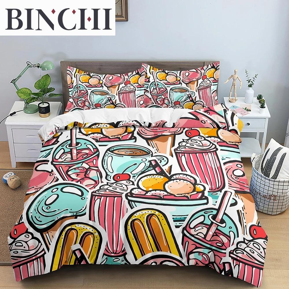Pink Donut Pattern Duvet Cover Set Coffee Bread Design Polyester Comforter For Kids Adult Teen Bedding Queen King Size