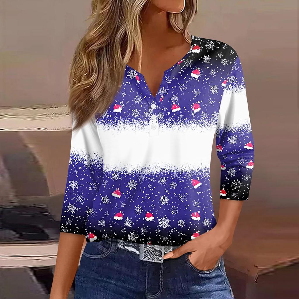 Women's T Shirt Tee Christmas Printed Button 3/4 Sleeve Tunic Daily Weekend Fashion Basic V- Neck Regular Top
