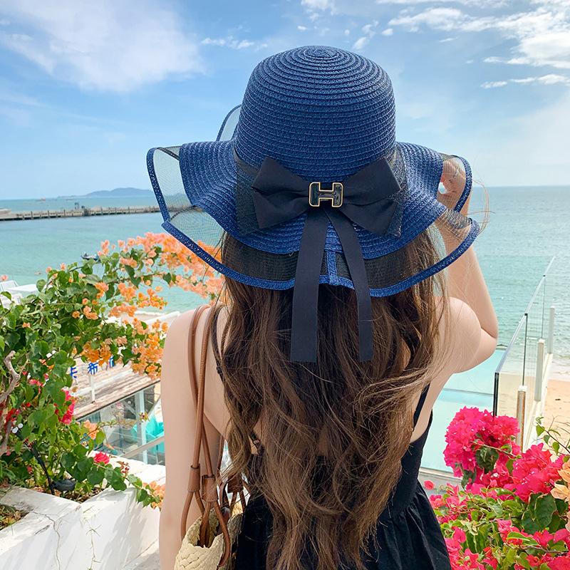 2024 Spring/Summer New Sun Hat with Ribbon Knot Decoration for Adult Straw Hat Sunscreen Beach Hat Elegant