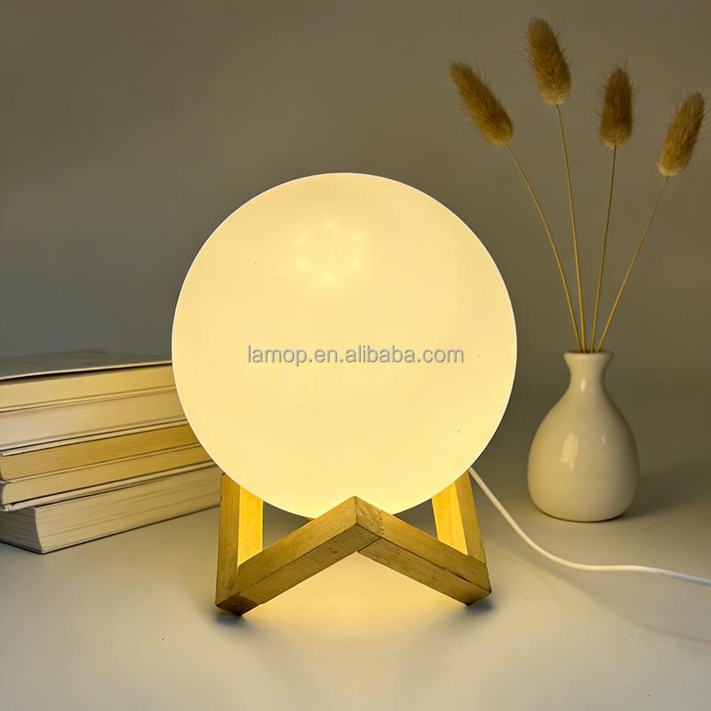 White Frosted Round Ball Night Light with Wooden Stand for Homestay Tabletop and Bedroom Bedside Ambient Decoration