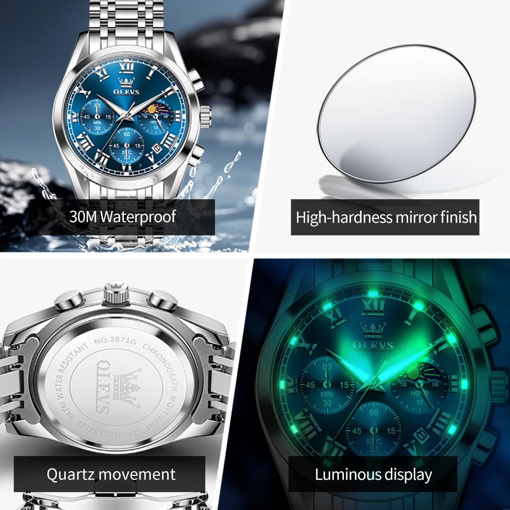 OLEVS Herrenuhr Original Mode Luxusmarke Wasserdicht Leuchtend Quarz Uhr Mondphase Automatisches Datum Uhren für Männer Chronograph
