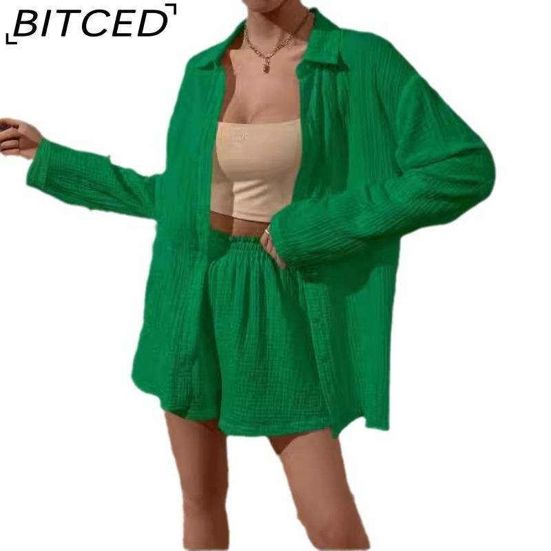 

BITCED Women s Spring/Summer Fashion Solid-Colour Long-Sleeved Shirt Set Casual Loose-Fit Shorts Two-Piece Set XXXL зелений
