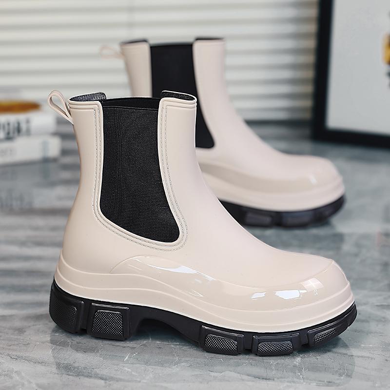Women Waterproof Boots New Style Elastic Mouth Ankle Boots Mid Top Rain Shoes Non Slip Outdoor Indoor Chelsea Water Boot Woman