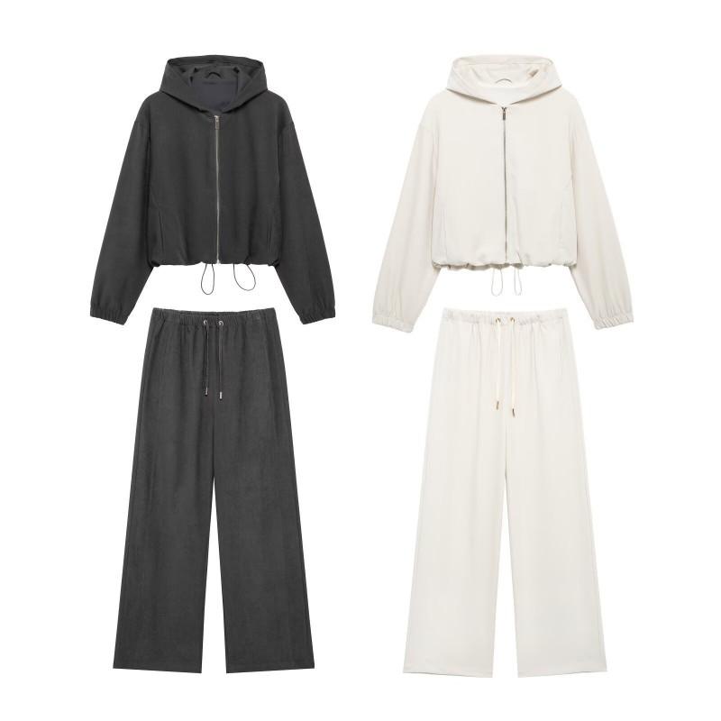 Womens Casual Hooded Jacket Wide-Leg Pants Set - Solid Color Lightweight Blend Fabric Office-Ready Outfit