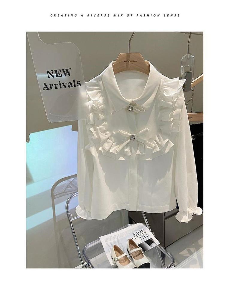 Biała Koronkowa Koszula Lolita z Kokardą z Długim Rękawem dla Dziewczynek: Styl koreański, Wszechstronny, Słodki na wiosnę i jesień