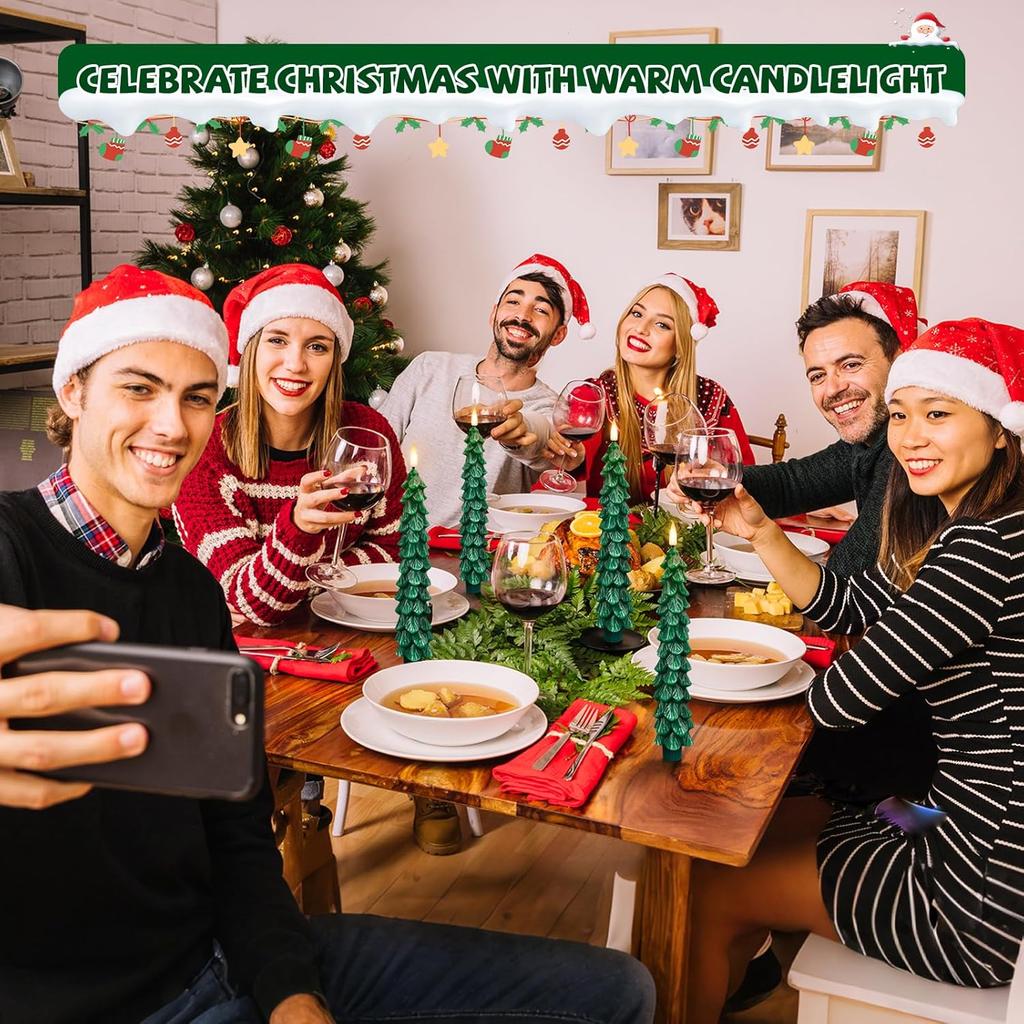 4 Pack Flameless Christmas Tree Candles with Remote, 9.8” LED Battery Operated Taper Candles, Green 3D Flickering Candlesticks for Holiday Home