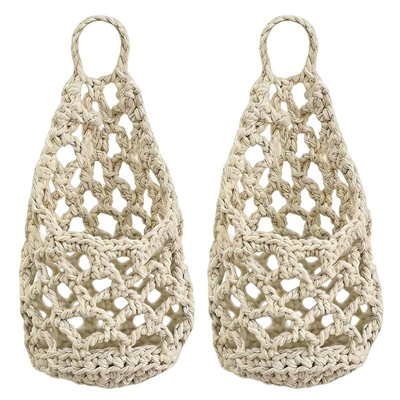 A03F-Handmade Cotton Macrame Plant Hanger Cotton Rope Woven Hanging Basket With Net Pouch Boho Macrame Plant Hanger