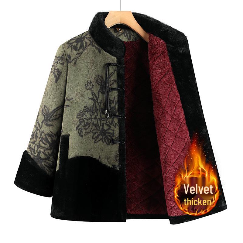 Printed Winter Plush-Lined Stand Collar Jacket for Middle-Aged & Elderly Women: Warm, Plus Size, Frog Button Cotton Coat