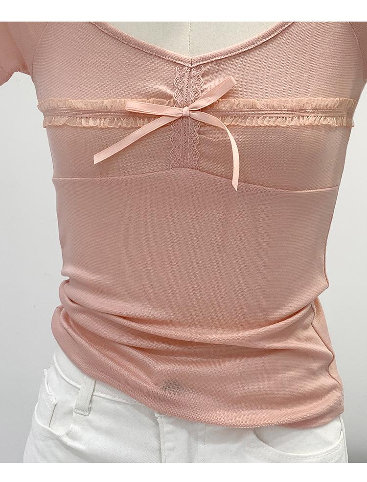 Korean Sweet & Spicy Lace Large Neckline Slim T-Shirt – Women's Summer 2024 Collection