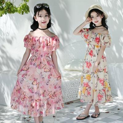 Girls Sleeveless Butterfly Print Ruffled Hem Princess Dress Kids Summer Clothes Beach Vacation Dress