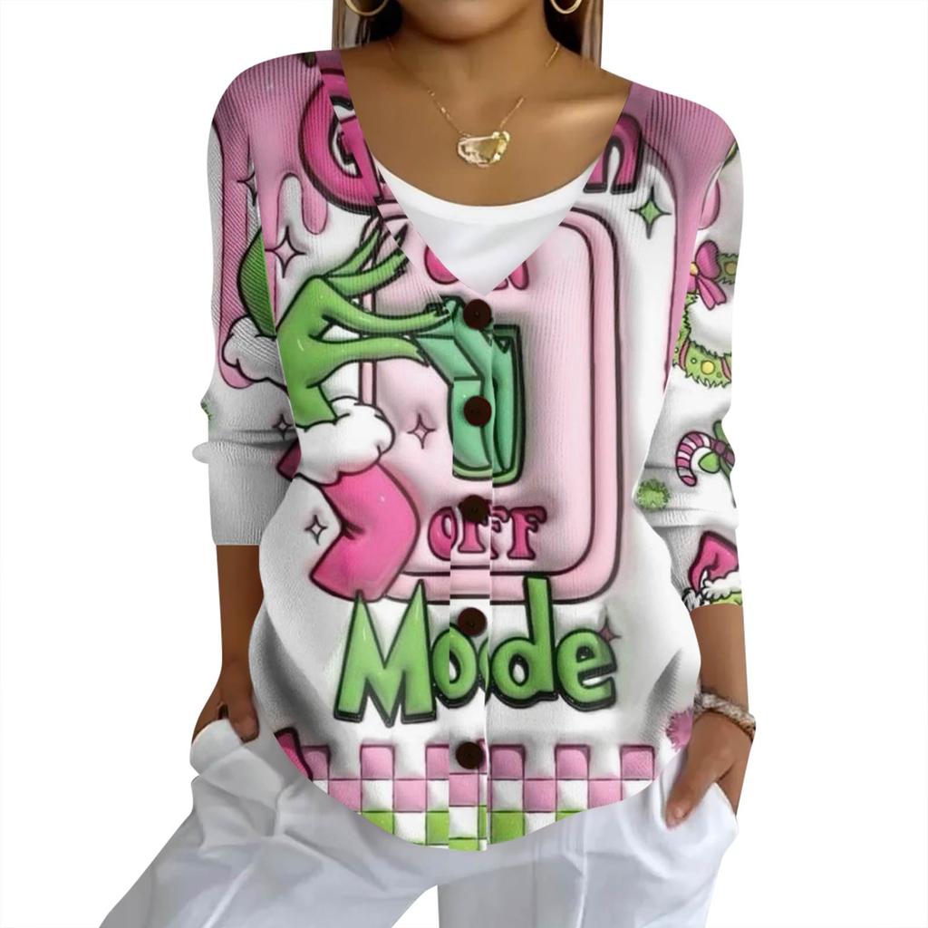 Women's Fashion Casual Knit Sweater Button-Up Christmas Print Cardigan Jacket