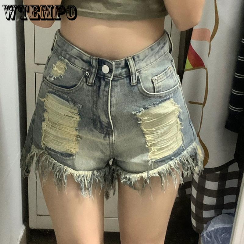 WTEMPO Denim Shorts Summer Women's High Waist Breathable Wide Leg Pants Loose Hairy Edge Broken Hole Slim Shorts