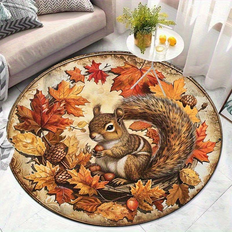 [2D flat, not 3D]Comes with 2 anti slip mats1pcs Autumn Leaves Squirrel Pattern Round Mat- Soft, Non-Slip Polyester Floor Mat wi